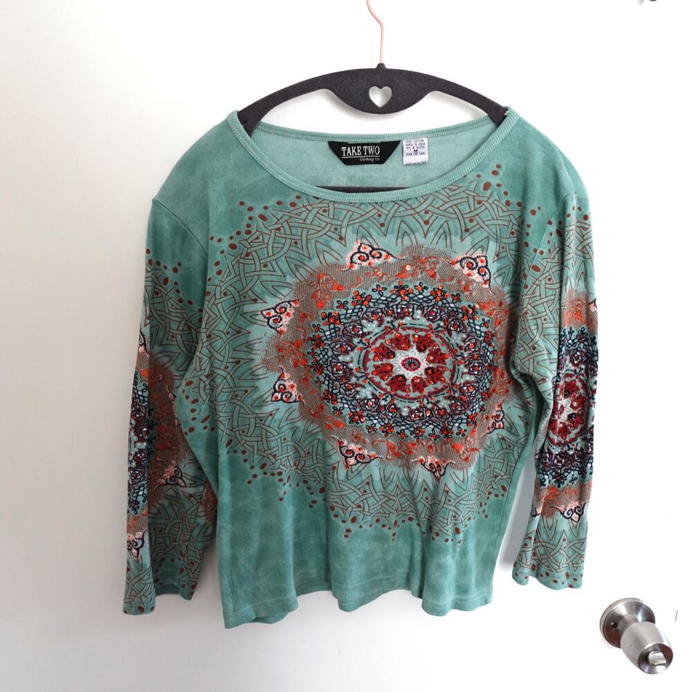 Take Two 90s Y2K Cotton Beaded Psychedelic Top 70s Hippie Boho Fairy Grunge M